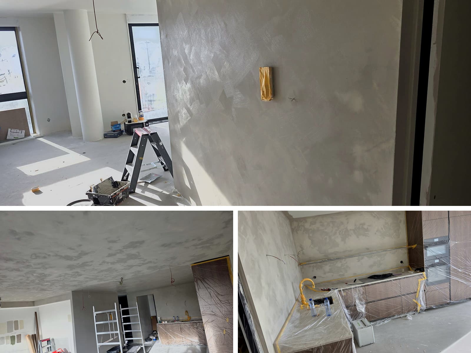 Wanden en plafond met betonlook-afwerking in een nieuwbouwwoning
